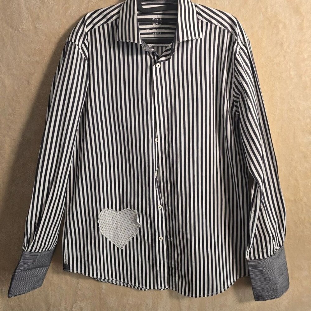 Bugatchi Uomo 15/41‎ Striped Dress Shirt Heart Appliqué Button Down Designer 406